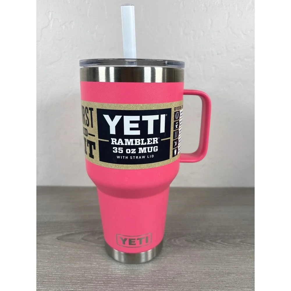 YETI RAMBLER 35 oz MUG w/STRAW LID-Handle Duracoat TROPICAL PINK BPA No Sweat